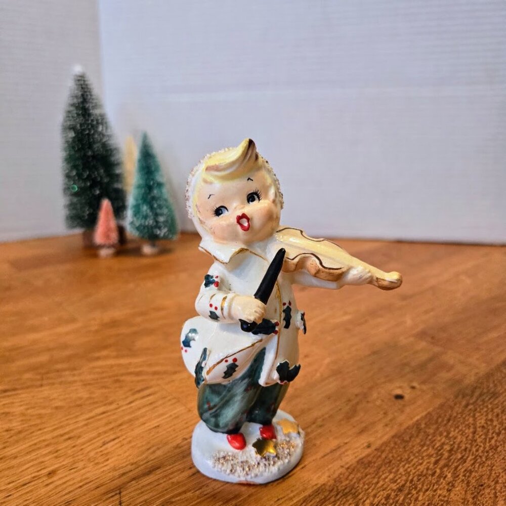 Rare Vintage Lefton Christmas Violinist Figurine w Sticker 1957 Great Condition
